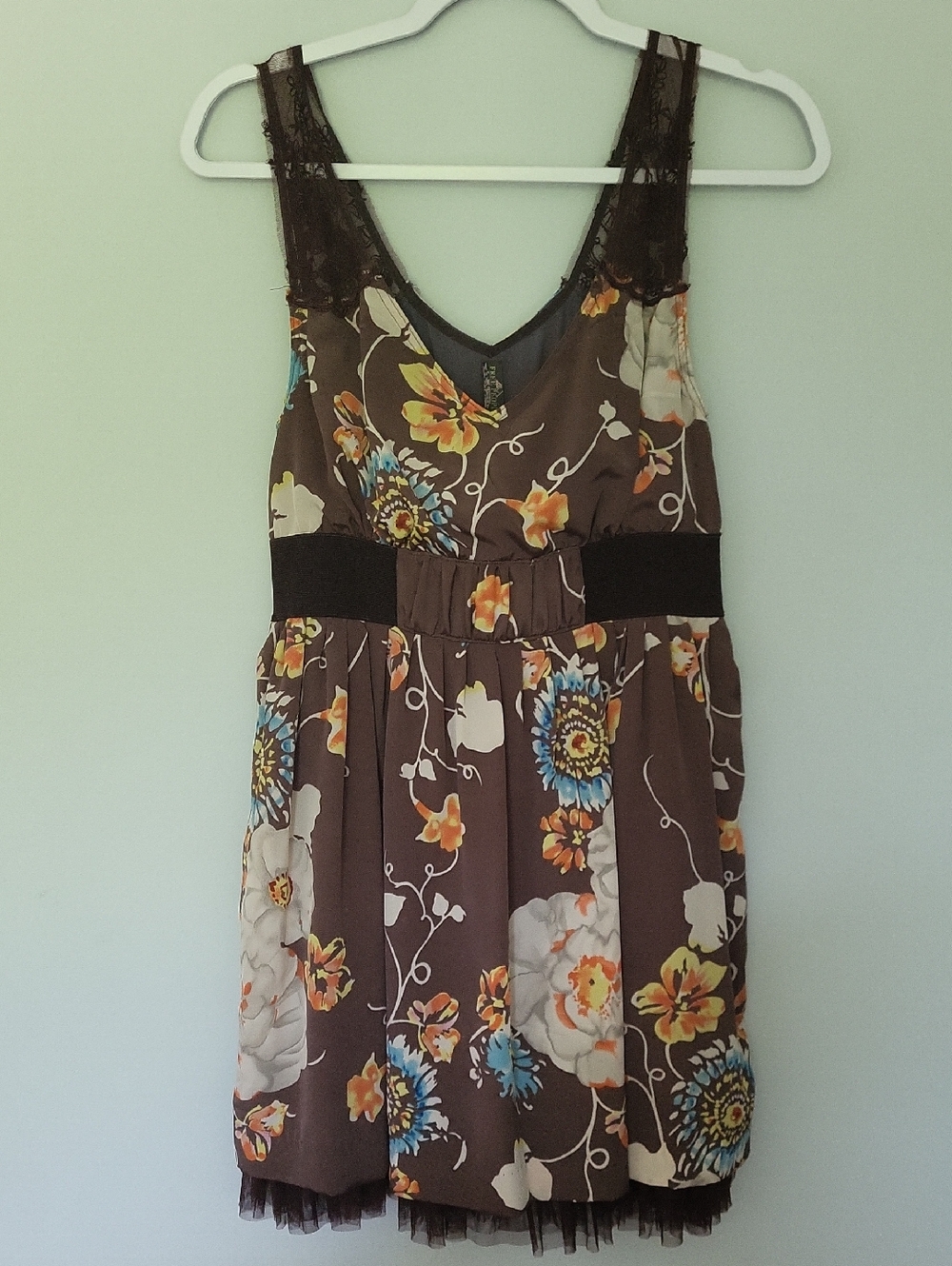 Brown Floral Lace-Trim Sundress with Black Waistband